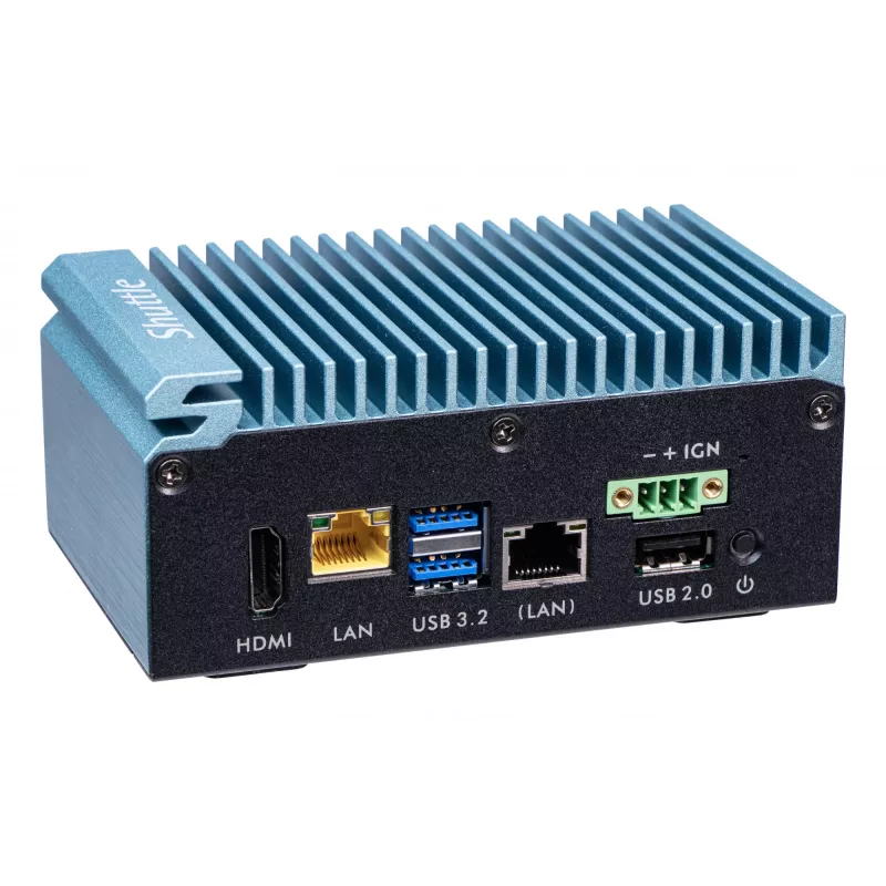 Shuttle Edge PC SPCEL02, Intel Celeron J6412, 1x HDMI, 2x 2.5G LAN, 1x COM, DIO (4x in, 4x out), 3x USB, 2x M.2, 12-24V, 24/7 continue werking, ventilatorloos, incl. VESA- & DIN-railhouder