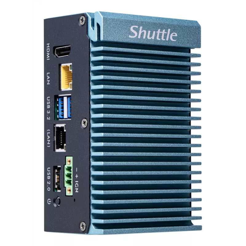 Shuttle Edge PC SPCEL02, Intel Celeron J6412, 1x HDMI, 2x 2.5G LAN, 1x COM, DIO (4x in, 4x out), 3x USB, 2x M.2, 12-24V, 24/7 continue werking, ventilatorloos, incl. VESA- & DIN-railhouder