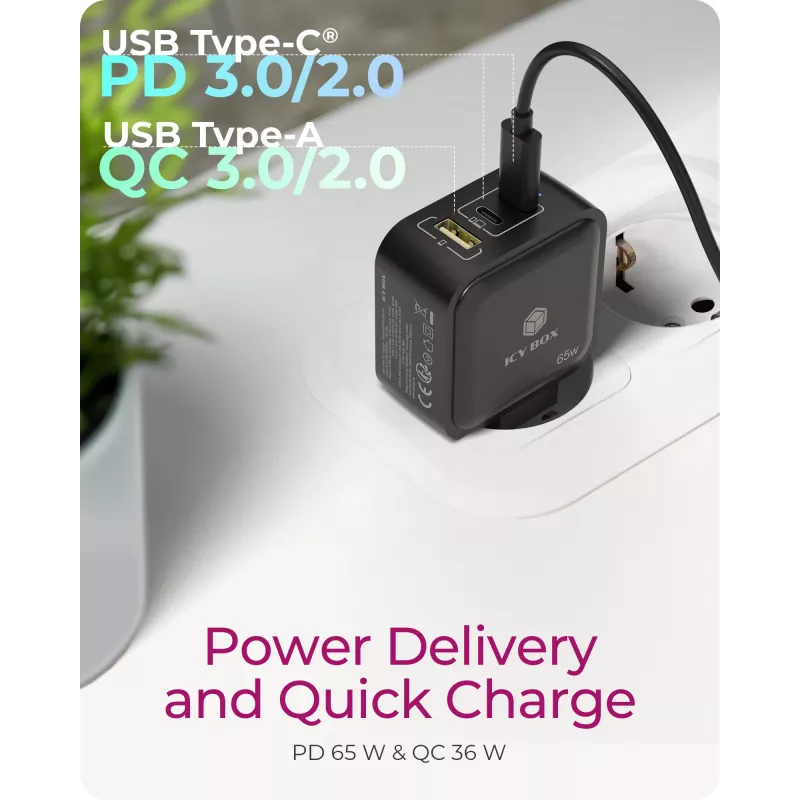 Oplader indoor ICY BOX IB-PS1030-PD universeel zwart snelopladen