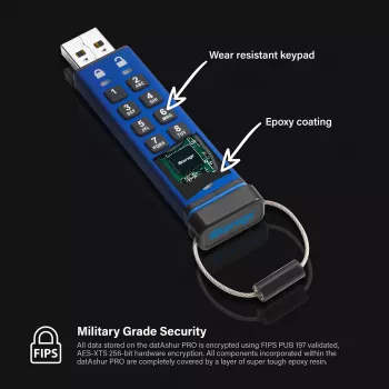 iStorage datAshur PRO 64 GB | veilige USB-stick | FIPS 140-2 Level 3 gecertificeerd | NLNCSA DEP-V gecertificeerd | NATO Restricted gecertificeerd | AES-XTS 256-bits hardwareversleuteling | PIN-beveiligd | stof-/waterbestendig