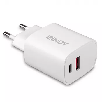 Lindy 73413 USB-A- en USB-C-oplader, 20 W, Power Delivery, 100–240 V, wit