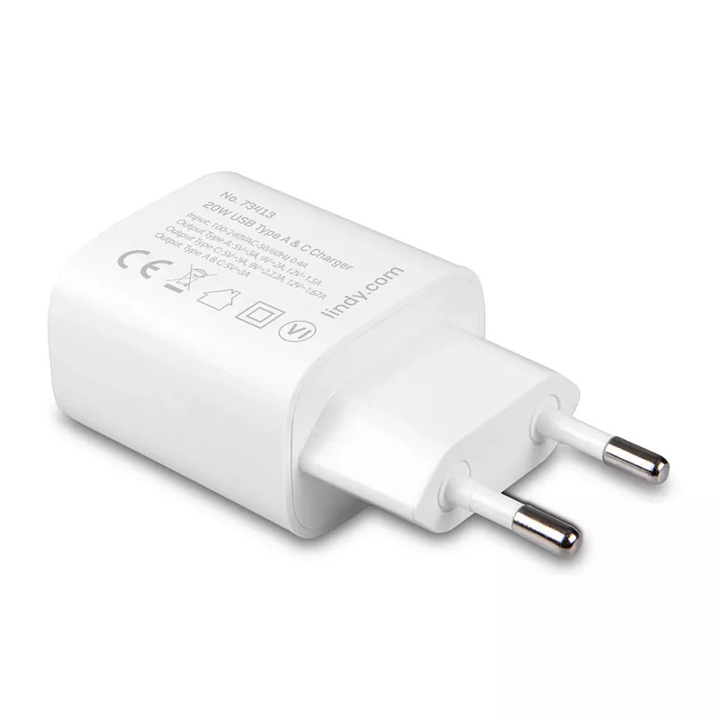 Lindy 73413 USB-A- en USB-C-oplader, 20 W, Power Delivery, 100–240 V, wit