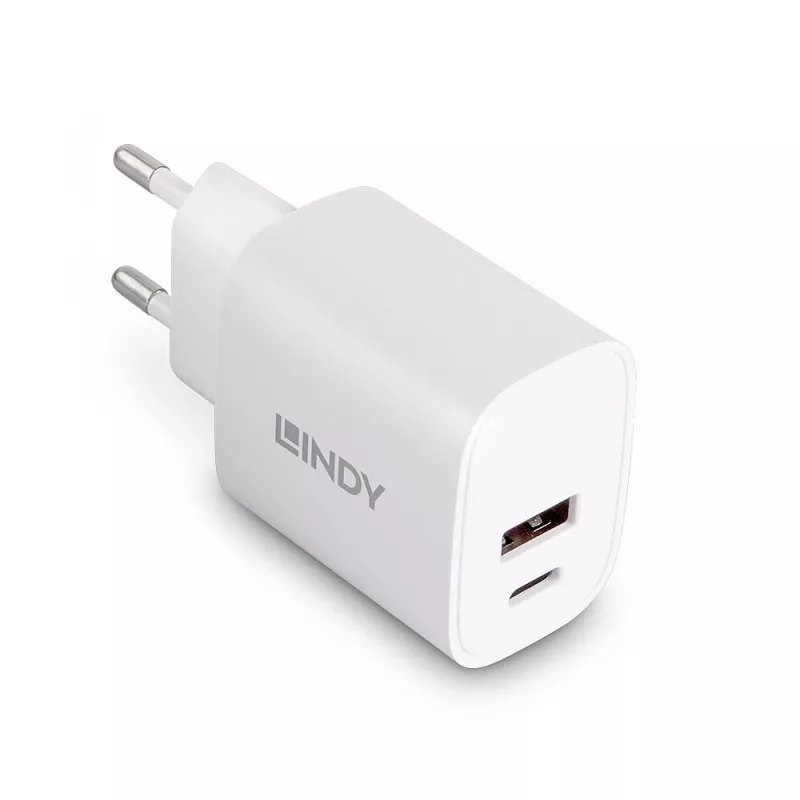 Lindy 73413 USB-A- en USB-C-oplader, 20 W, Power Delivery, 100–240 V, wit