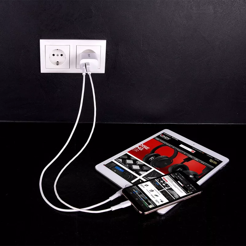 Lindy 73413 USB-A- en USB-C-oplader, 20 W, Power Delivery, 100–240 V, wit