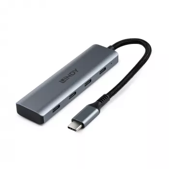Lindy 4-poorts USB 3.2 Gen 2 Type-C hub, USB 3.2 Gen 2 (3.1 Gen 2) Type-C, USB 3.2 Gen 2 (3.1 Gen 2) Type-C, 10000 Mbit/s, grijs, aluminium, kunststof, ronde kabel