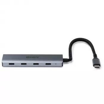 Lindy 4-poorts USB 3.2 Gen 2 Type-C hub, USB 3.2 Gen 2 (3.1 Gen 2) Type-C, USB 3.2 Gen 2 (3.1 Gen 2) Type-C, 10000 Mbit/s, grijs, aluminium, kunststof, ronde kabel