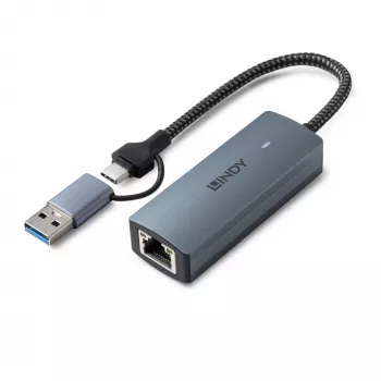 Lindy USB 3.2 Gen 1 naar 5G Ethernet converter, USB 3.2 Gen 2 (3.1 Gen 2) Type-C, 5000 Mbit/s, grijs, aluminium, kunststof, ronde kabel, 0,15 m