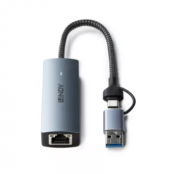 Lindy USB 3.2 Gen 1 naar 5G Ethernet converter, USB 3.2 Gen 2 (3.1 Gen 2) Type-C, 5000 Mbit/s, grijs, aluminium, kunststof, ronde kabel, 0,15 m
