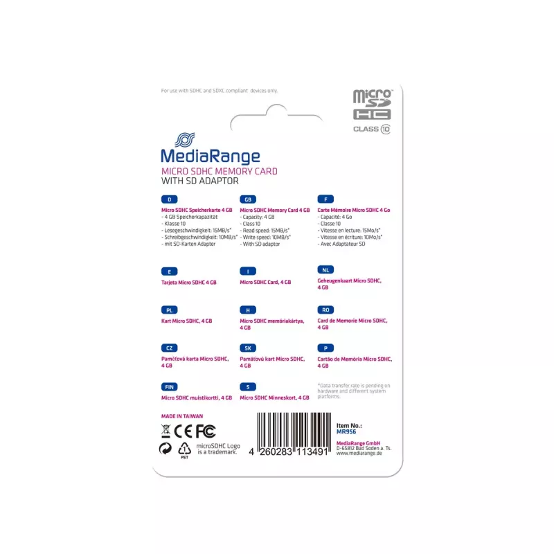 MediaRange 4 GB MicroSDHC Class 10 MR956 geheugenkaart
