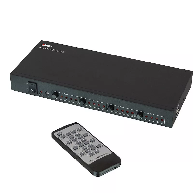 Lindy 4x4 HDMI 4K60 matrix, HDMI, 4x HDMI, metaal, 1080p, 2160p, DTS-HD, Dolby TrueHD, 12 V