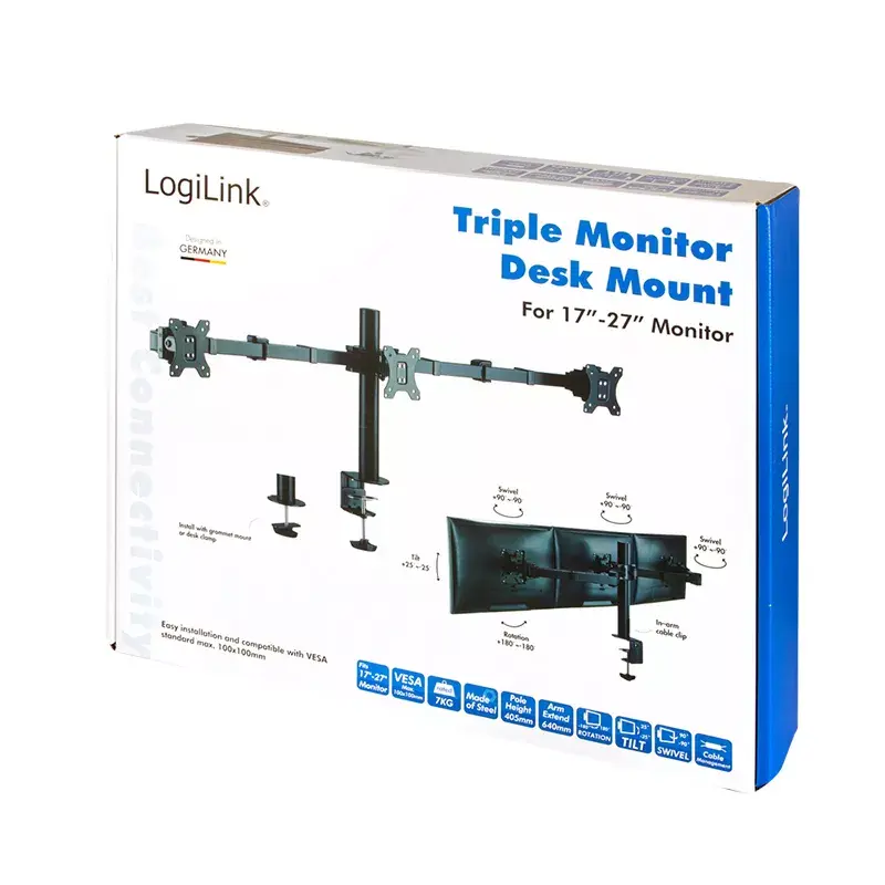 LogiLink BP0107 bureausteun voor drie monitoren, 17-27 inch, 7 kg per arm, VESA 75x75/100x100, staal, zwart