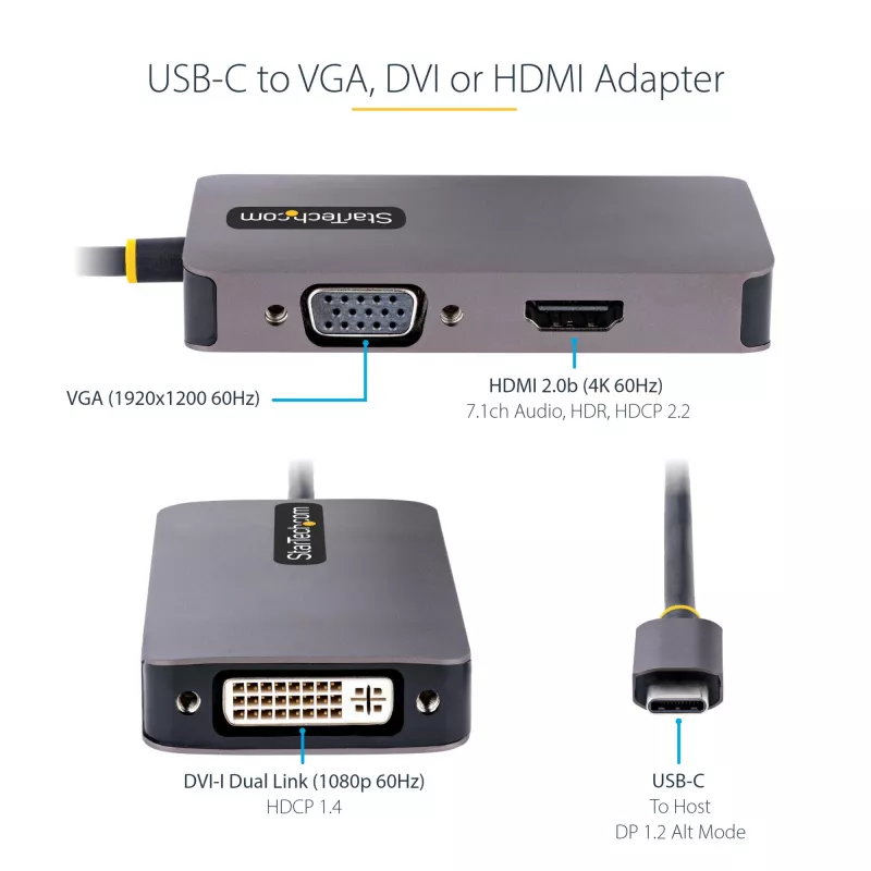 StarTech.com USB-C-videoadapter, USB-C naar HDMI DVI VGA-adapter, tot 4K 60Hz, aluminium, multiport-videodisplayadapter, Thunderbolt 3/4-compatibel, USB Type-C-reisadapter