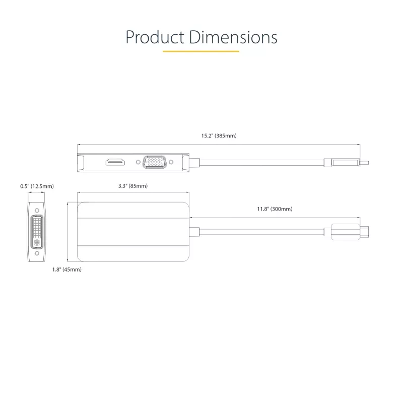 StarTech.com USB-C-videoadapter, USB-C naar HDMI DVI VGA-adapter, tot 4K 60Hz, aluminium, multiport-videodisplayadapter, Thunderbolt 3/4-compatibel, USB Type-C-reisadapter