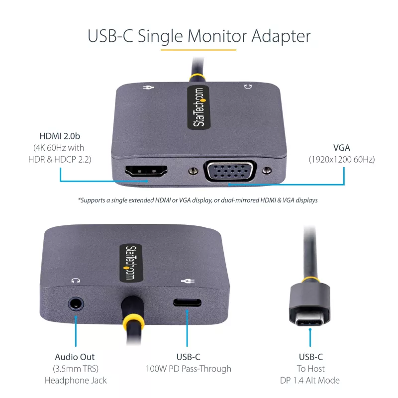 StarTech.com USB-C-videoadapter, USB-C naar HDMI VGA multiportadapter, 3,5-mm-audio, 4K 60Hz HDR, 100W PD pass-through, Thunderbolt 3/4-compatibel – USB-C-displayreisadapter