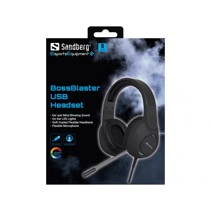 Headset SANDBERG BossBlaster USB — bedrade gaming-headset, 20–20000 Hz, 2 m kabel, 240 g, zwart