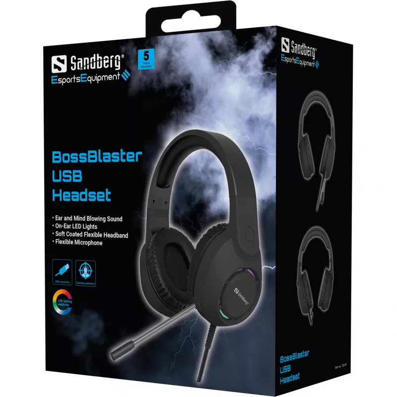 Headset SANDBERG BossBlaster USB — bedrade gaming-headset, 20–20000 Hz, 2 m kabel, 240 g, zwart