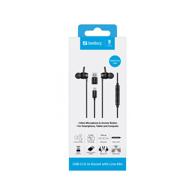 Headset Sandberg USB-C/A in-earset met line-mic