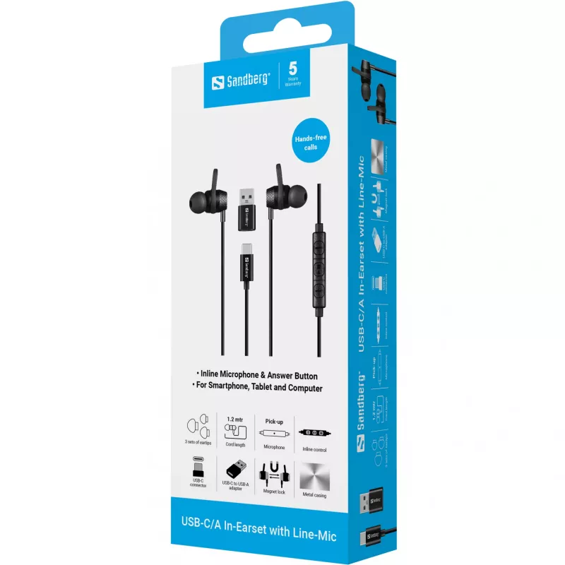 Headset Sandberg USB-C/A in-earset met line-mic