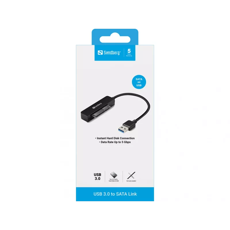 Sandberg USB 3.0 naar SATA link, zwart, 5 Gbit/s, 20 g, 77 mm, 18 mm, 193 mm