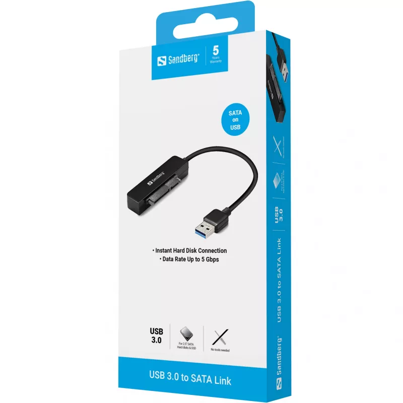 Sandberg USB 3.0 naar SATA link, zwart, 5 Gbit/s, 20 g, 77 mm, 18 mm, 193 mm