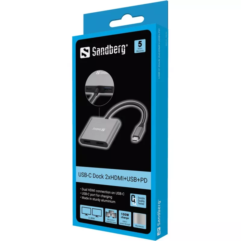 Sandberg USB-C dock 2xHDMI+USB+PD maximale resolutie 3840x2160