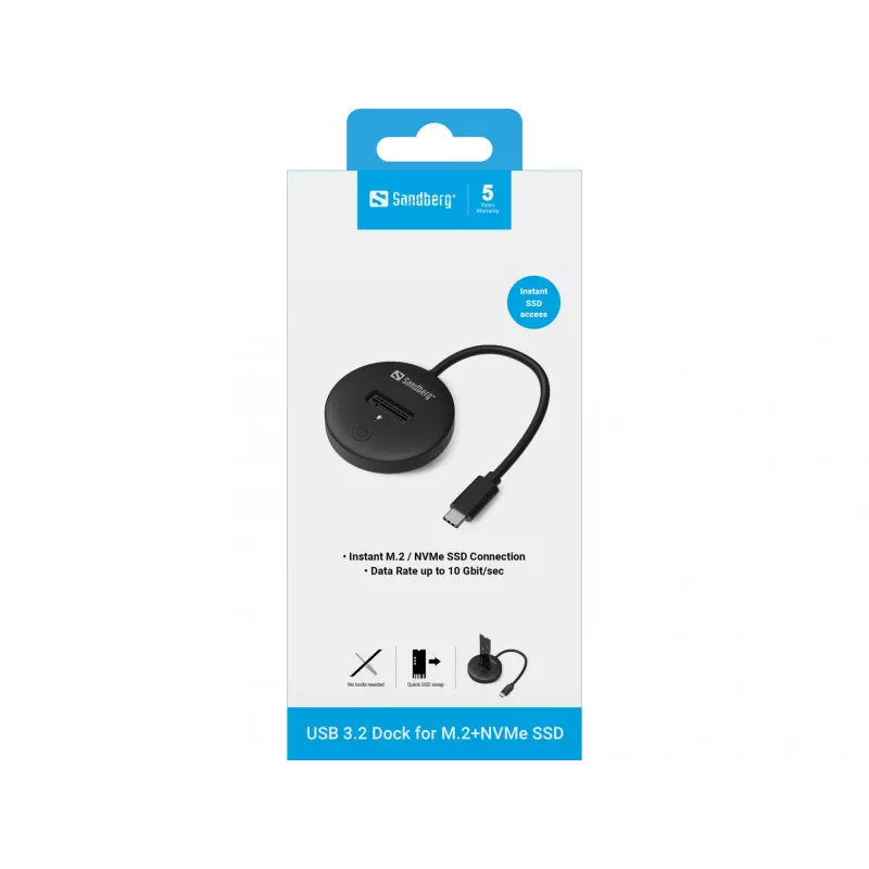 Sandberg USB 3.2 dock voor M.2+NVMe SSD 4 TB zwart