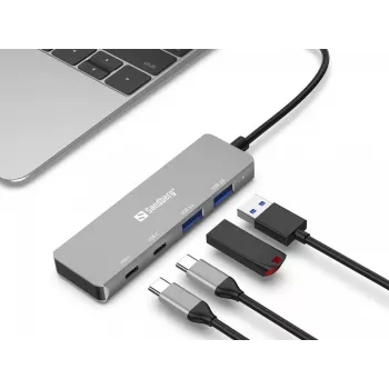 Sandberg USB-C naar 2xUSB-A + 2xUSB-C hub grijs aluminium