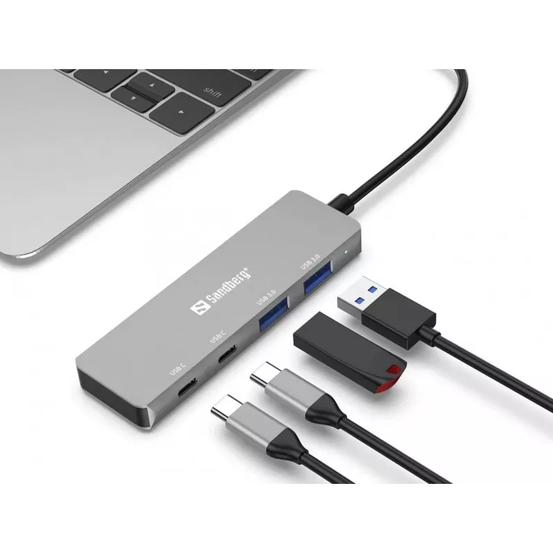 Sandberg USB-C naar 2xUSB-A + 2xUSB-C hub grijs aluminium