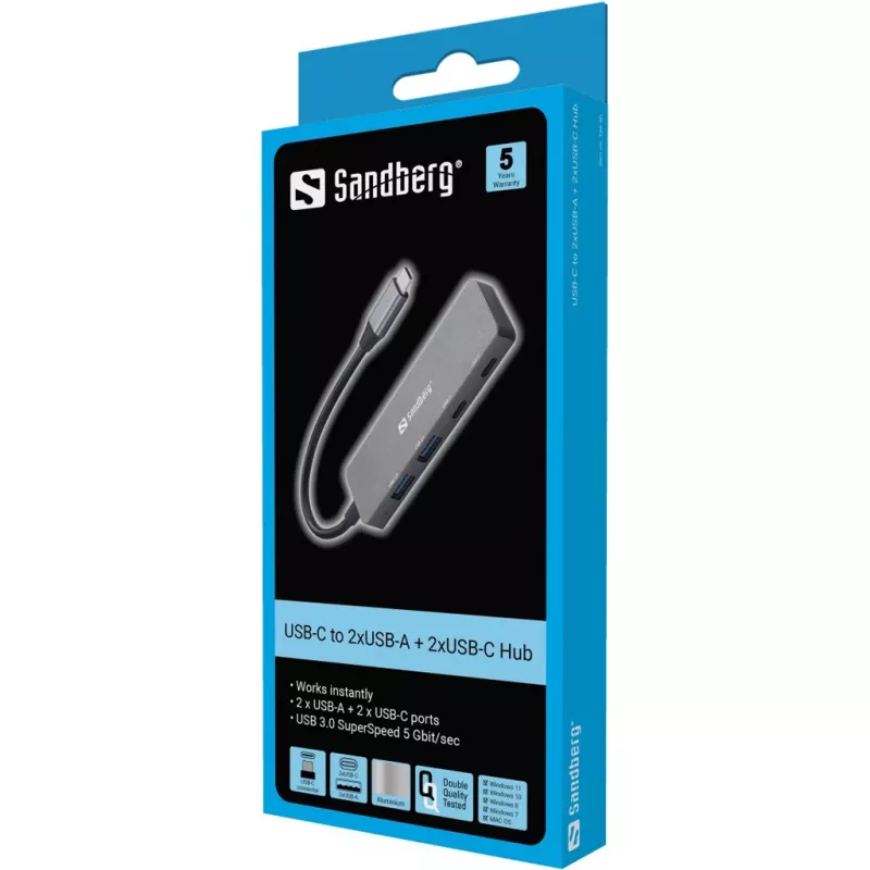 Sandberg USB-C naar 2xUSB-A + 2xUSB-C hub grijs aluminium