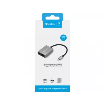 Sandberg USB-C Gigabit-adapter PD100W USB Type-C RJ-45 1 Gbit/s grijs