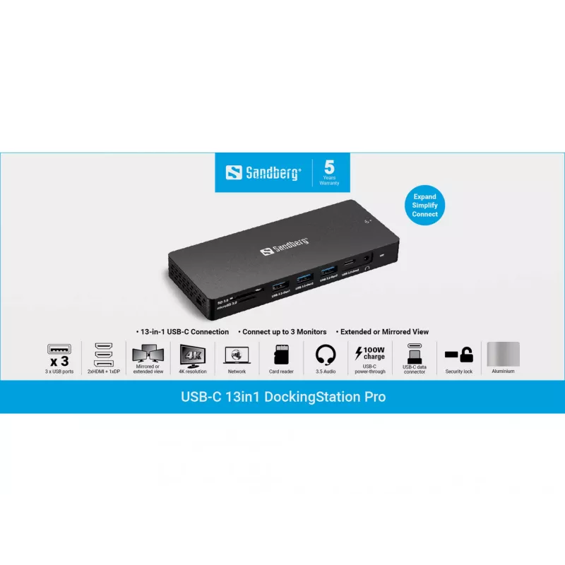 Sandberg USB-C 13in1 DockingStation Pro bedraad USB 3.2 Gen 1 Type-C