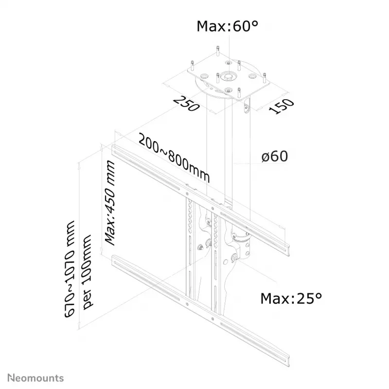 Neomounts PLASMA-C100 tv-plafondbeugel, 37–75 inch, volledig beweegbaar, in hoogte verstelbaar, kantelbaar, zilver