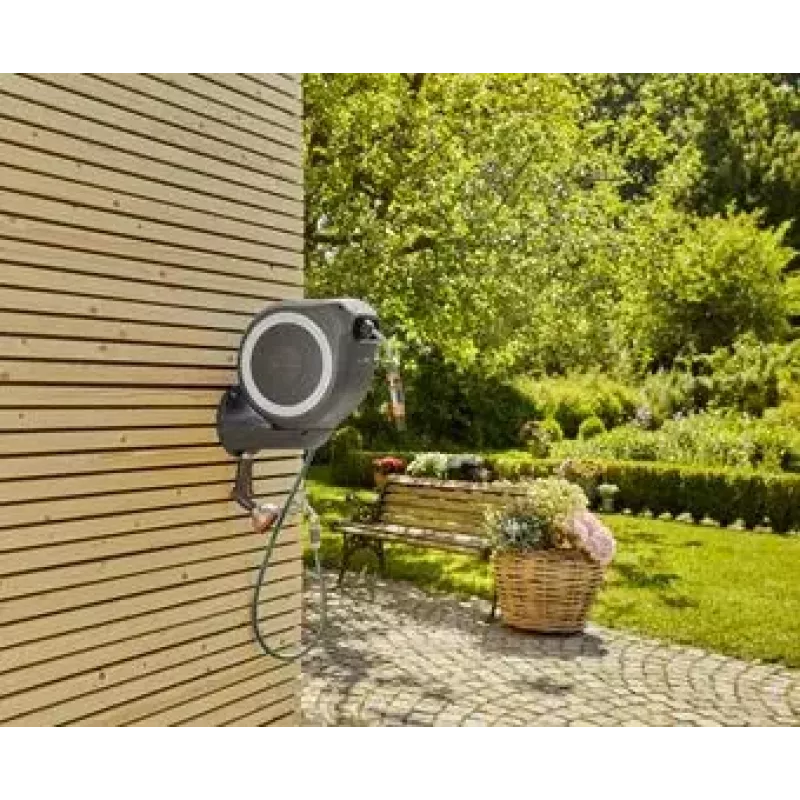Wandgemonteerde slanghaspel Gardena RollUp Automatic zwart grijs