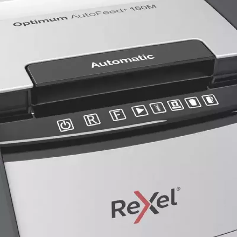 Rexel Optimum AutoFeed+ 150M papiervernietiger, microsnit 2 x 15 mm, P-5, 150 vel, opvangbak van 44 l