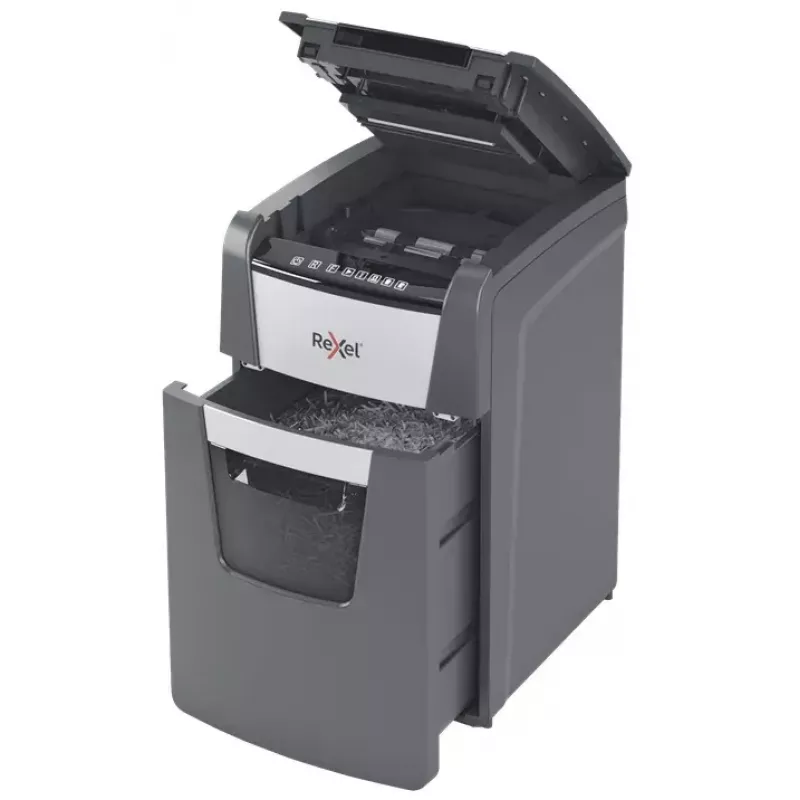 Rexel Optimum AutoFeed+ 150M papiervernietiger, microsnit 2 x 15 mm, P-5, 150 vel, opvangbak van 44 l