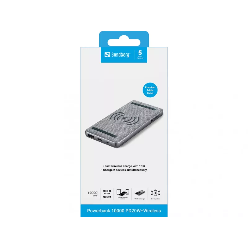 Draagbare powerbank Sandberg Powerbank 10000 PD20W+Wireless, 10000 mAh