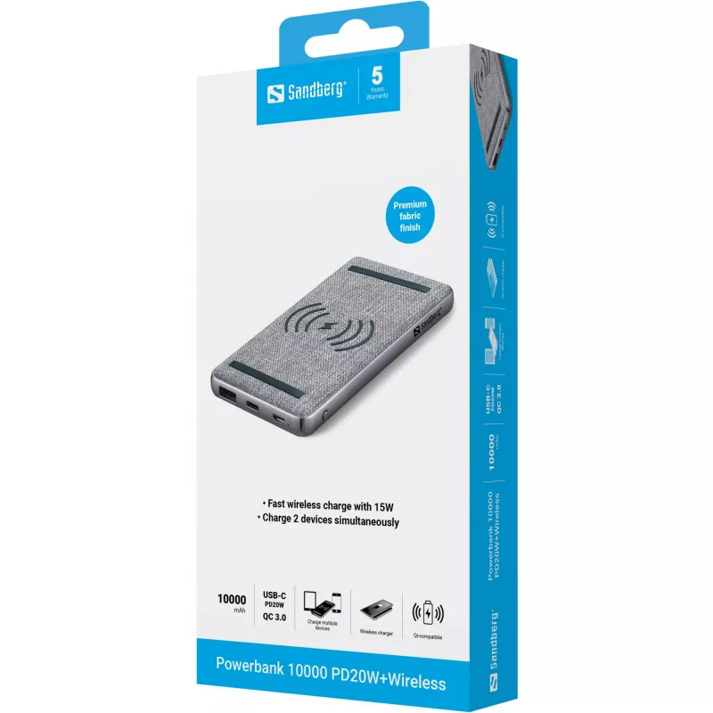 Draagbare powerbank Sandberg Powerbank 10000 PD20W+Wireless, 10000 mAh