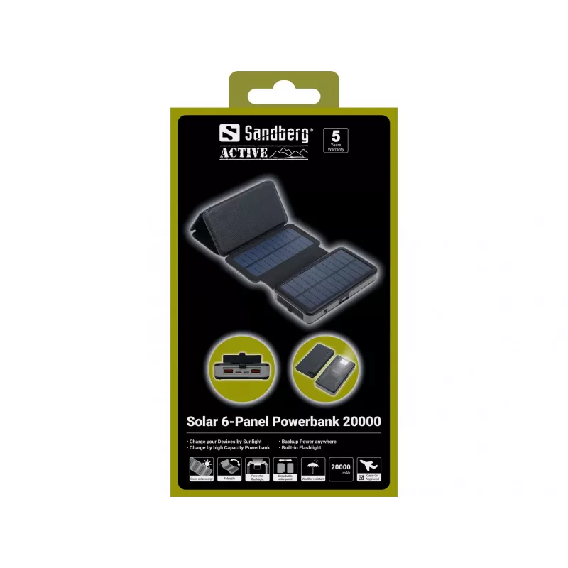 Powerbank Sandberg Solar 6-Panel 20000mAh lithium-polymeer zwart