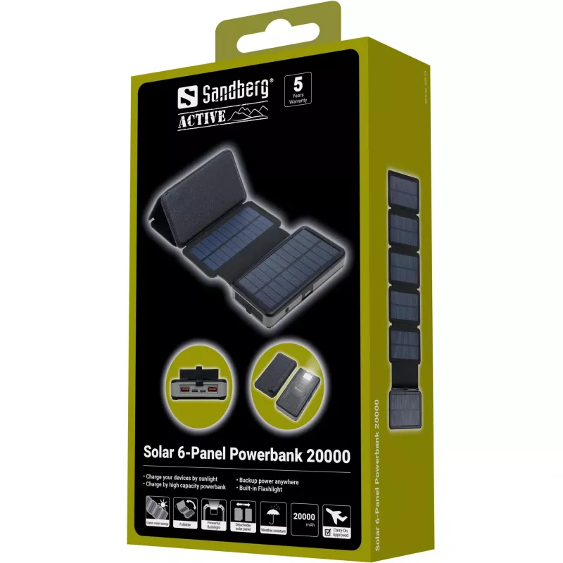 Powerbank Sandberg Solar 6-Panel 20000mAh lithium-polymeer zwart