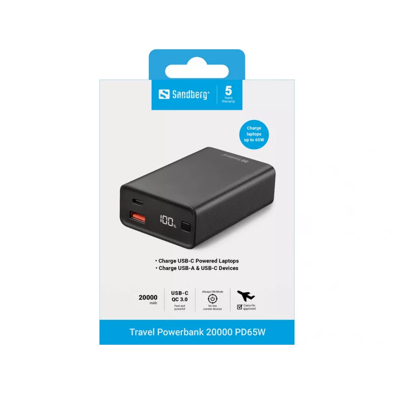 Draagbare powerbank Sandberg Travel Powerbank 20000 PD65W, 20000 mAh