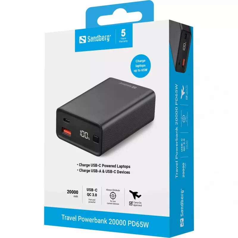 Draagbare powerbank Sandberg Travel Powerbank 20000 PD65W, 20000 mAh