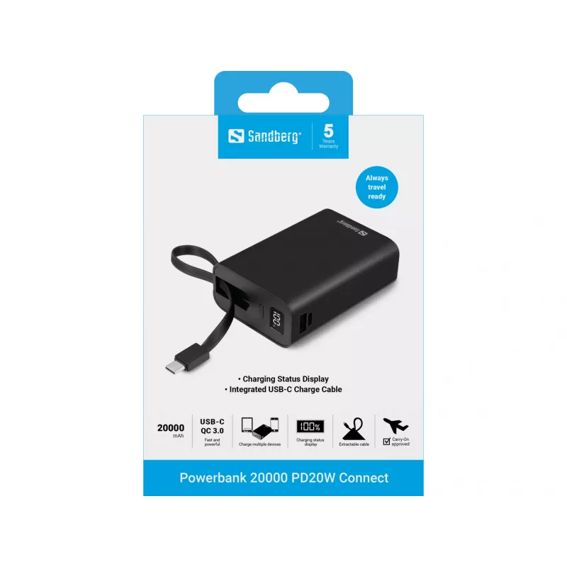 Draagbare batterij Sandberg Powerbank 20000 PD20W Connect, 20000 mAh