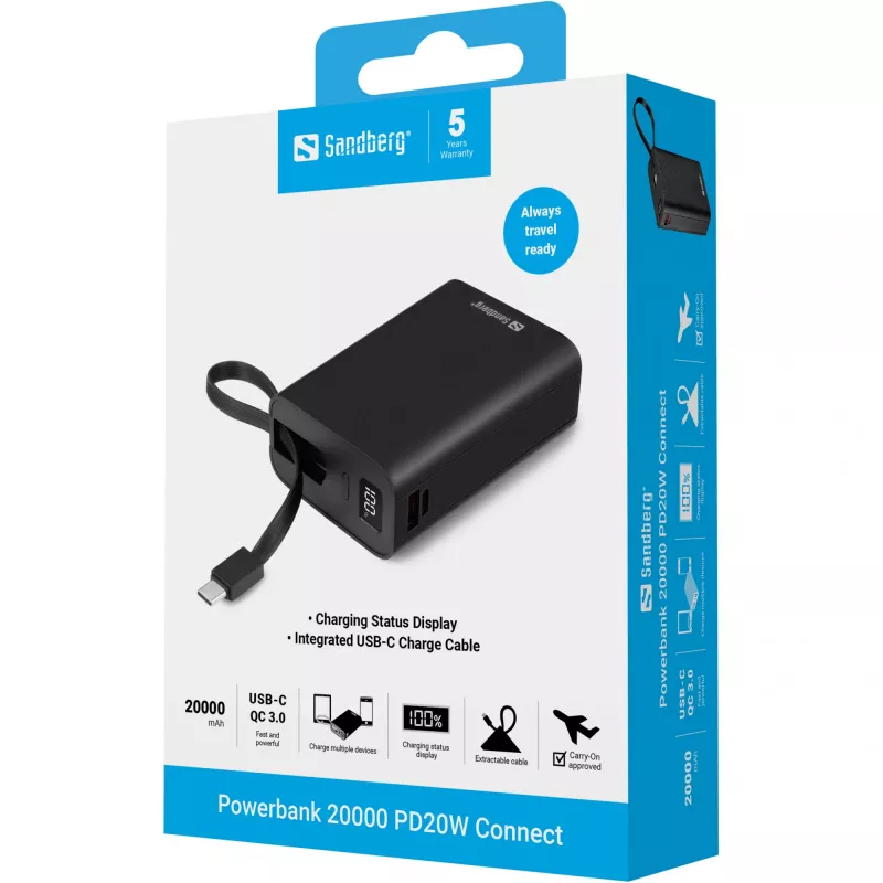Draagbare batterij Sandberg Powerbank 20000 PD20W Connect, 20000 mAh