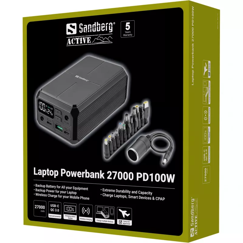 Draagbare powerbank Sandberg Laptop Powerbank 27000 PD100W, 27000 mAh