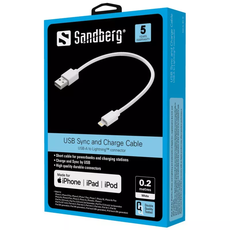 Kabel Sandberg USB Lightning MFI 0,2 m wit