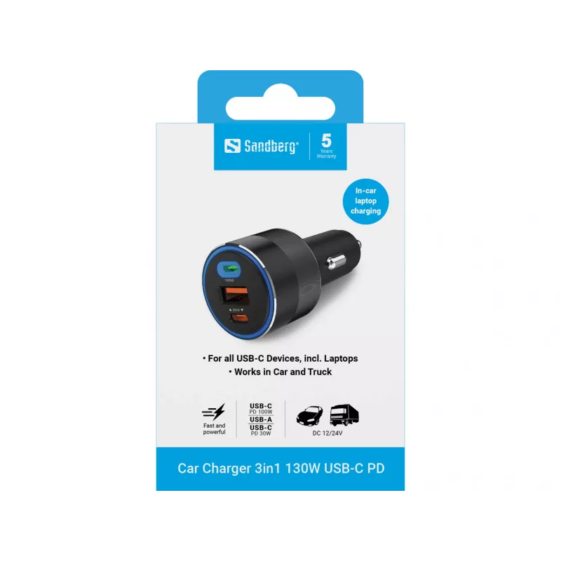 Sandberg Auto-oplader 3in1 130W USB-C PD snellader universeel