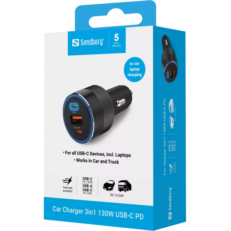 Sandberg Auto-oplader 3in1 130W USB-C PD snellader universeel