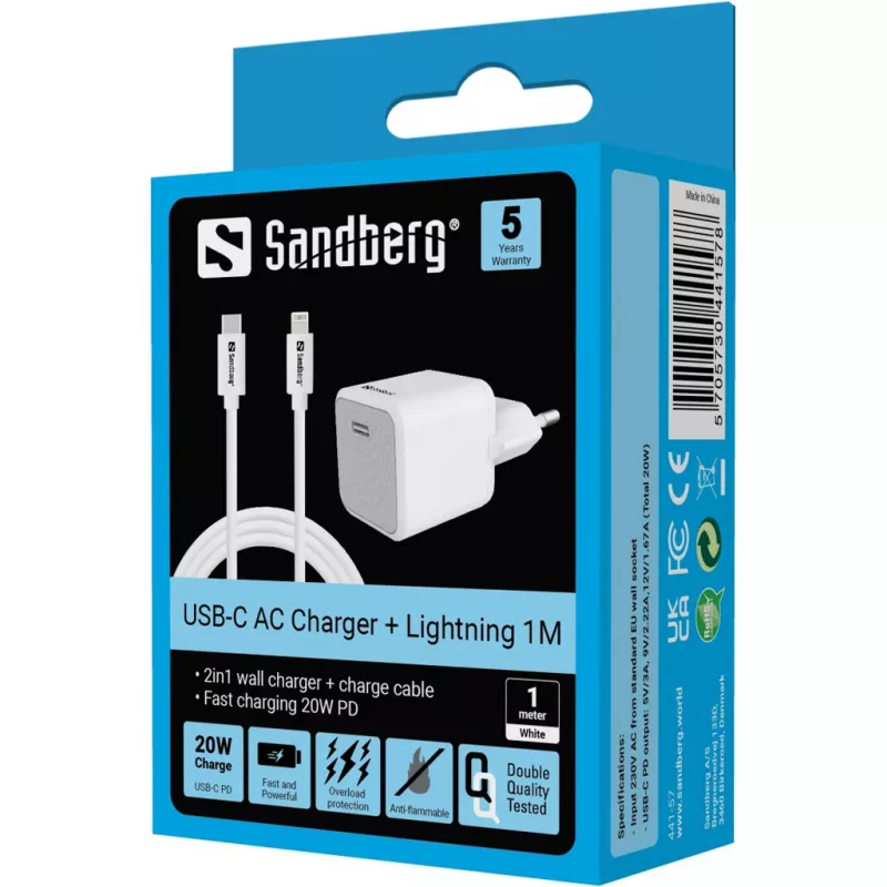 AC-lader Sandberg 20W USB-C + Lightning 1M snelladen wit