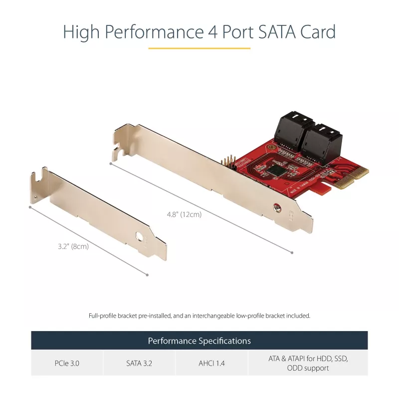 StarTech.com SATA PCIe-kaart - 4 poorts PCIe SATA-uitbreidingskaart - 6 Gbit/s - low-profile-beugel - gestapelde SATA-aansluitingen - ASM1164 non-RAID - PCI Express naar SATA-converter
