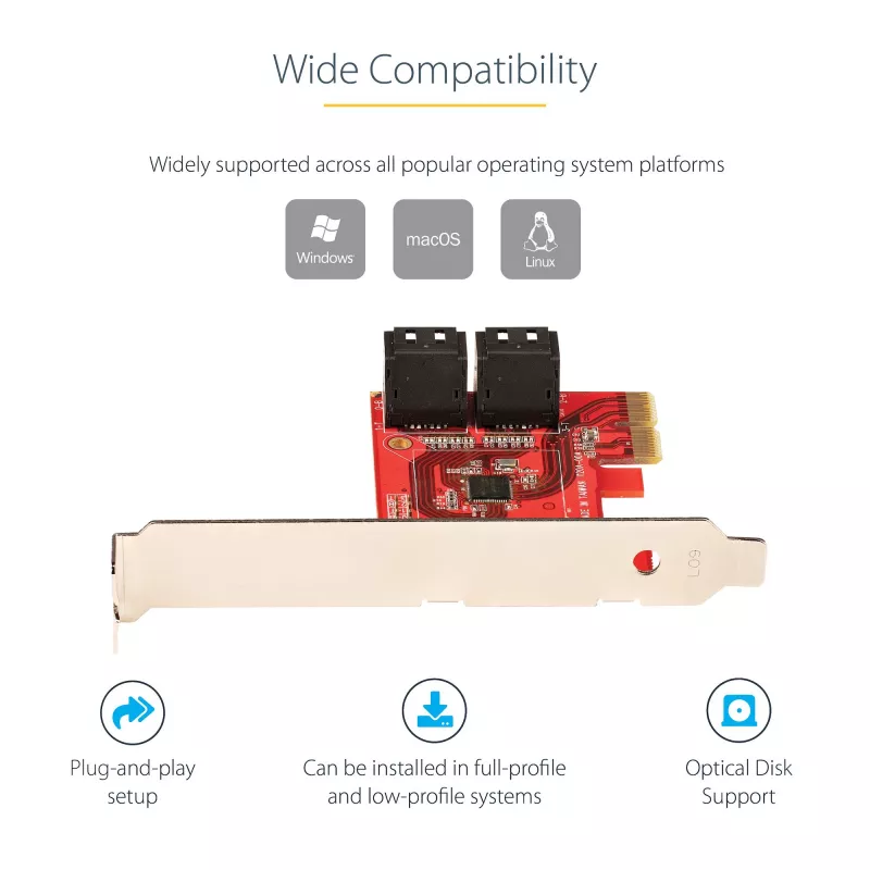 StarTech.com SATA PCIe-kaart - 4 poorts PCIe SATA-uitbreidingskaart - 6 Gbit/s - low-profile-beugel - gestapelde SATA-aansluitingen - ASM1164 non-RAID - PCI Express naar SATA-converter